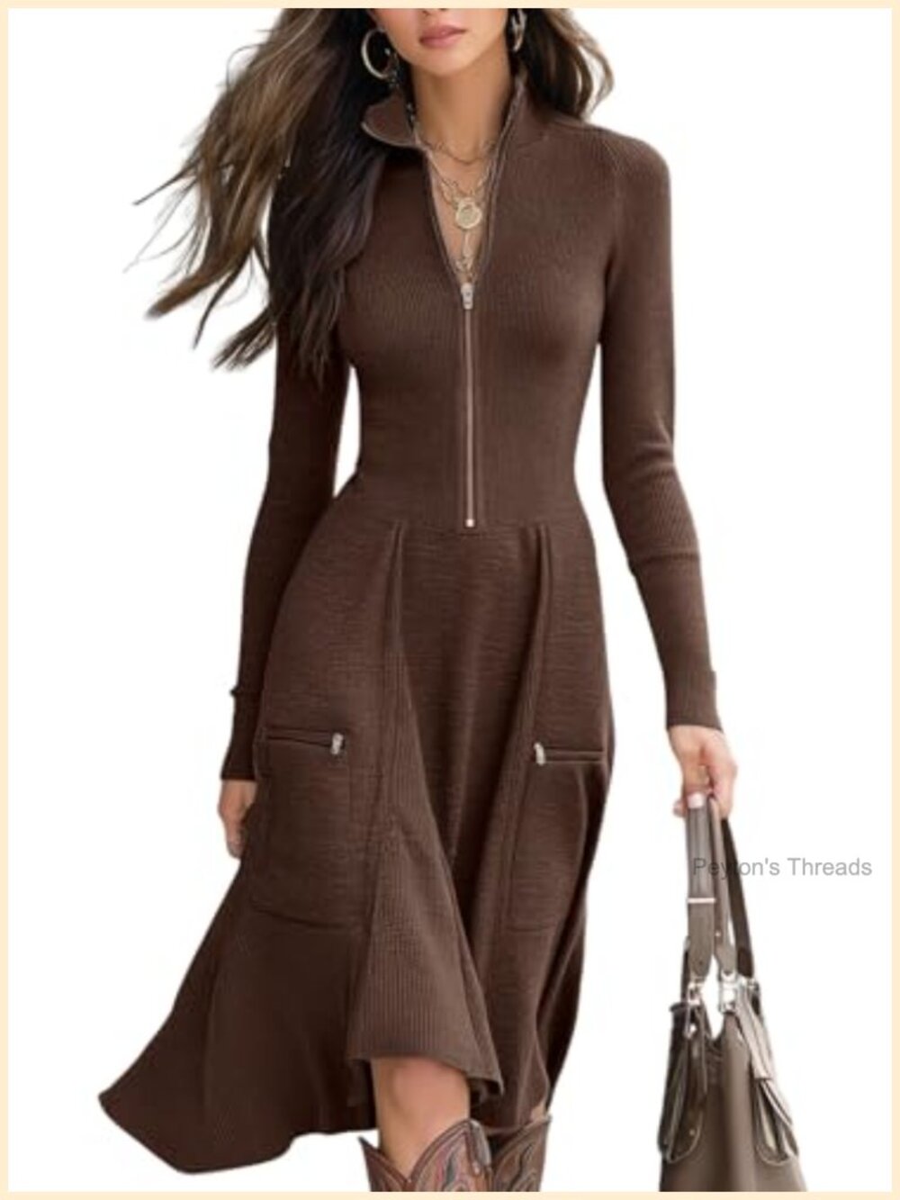 Rib Knit Midi Sweater Dress Long Sleeve A-Line Semi Formal
